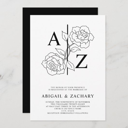 Invitation Mariage de monogramme noir et blanc (Devant / Derrière)