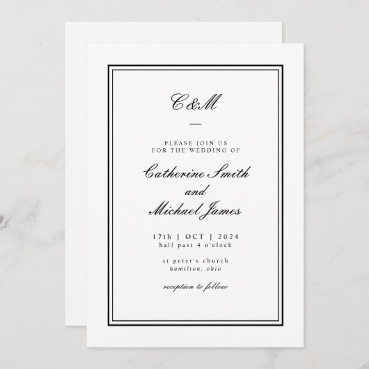 Invitation Mariage de monogramme noir et blanc Absolute Class (Devant / Derrière)