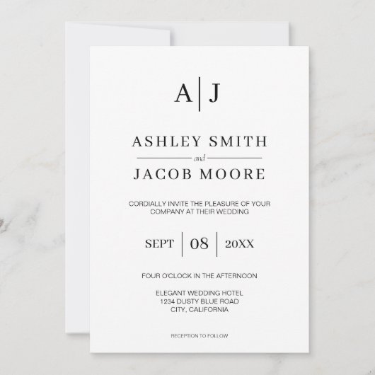Invitation Mariage de Monogramme noir et blanc moderne (Devant)