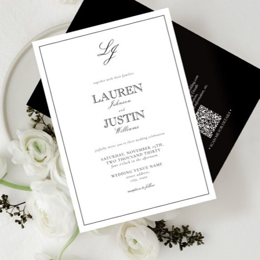 Invitation Mariage de monogramme noir et blanc QR Code Classi