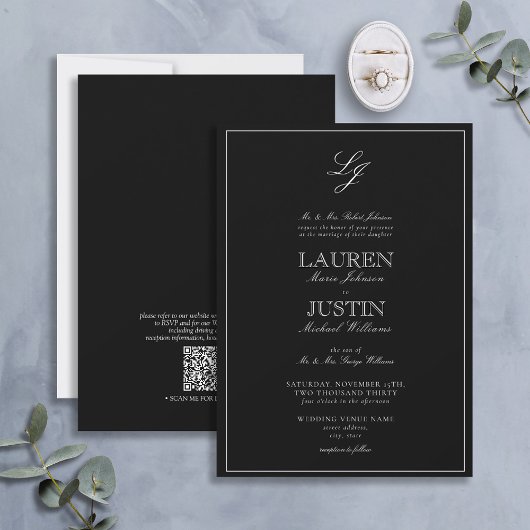 Invitation Mariage de monogramme noir et blanc QR Code Classi