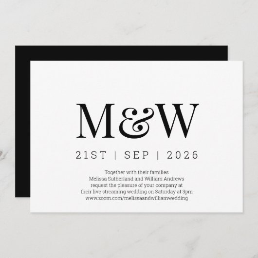 Invitation Mariage de monogramme noir virtuel moderne (Devant / Derrière)