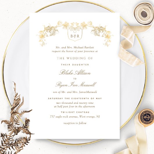 Invitation Mariage de monogramme officiel blanc et or enchant