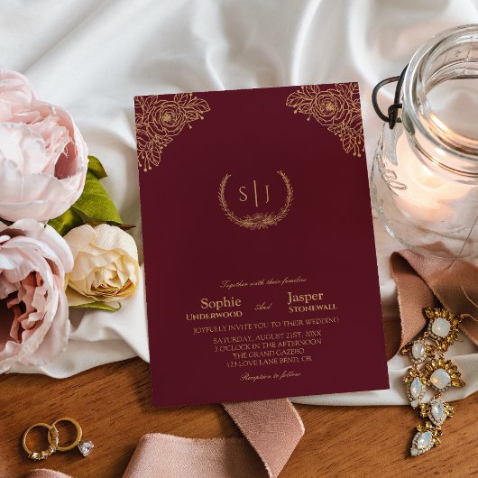 Invitation Mariage de monogramme officiel de la florale d'or