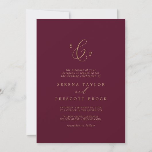 Invitation Mariage de monogramme officiel en or et en Bourgog (Devant)