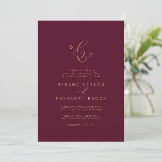 Invitation Mariage de monogramme officiel en or et en Bourgog (Debout devant)