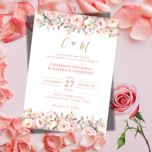 Invitation Mariage de monogramme or à cadre rose floral