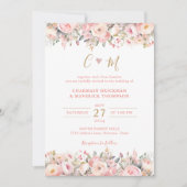 Invitation Mariage de monogramme or à cadre rose floral (Devant)