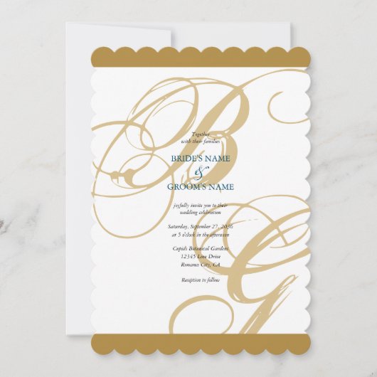 Invitation Mariage de monogramme or Blue Elegant (Devant)