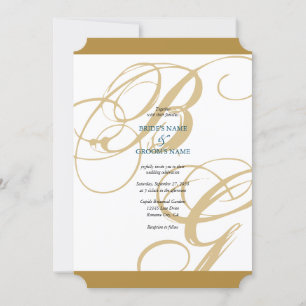 Invitation Mariage de monogramme or Blue Elegant
