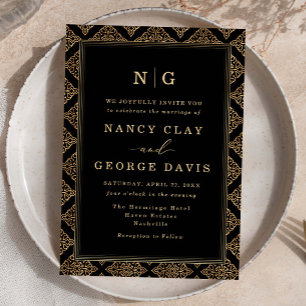 Invitation Mariage de monogramme ornemental élégant noir et o