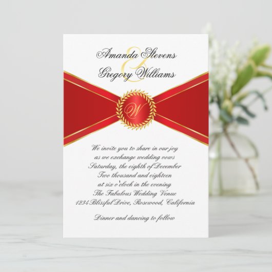 Invitation Mariage de monogramme Red Elegance (Debout devant)