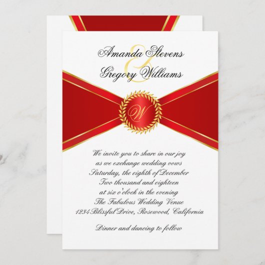 Invitation Mariage de monogramme Red Elegance (Devant / Derrière)