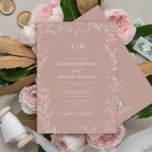 Invitation Mariage de monogramme Rose à feuilles élégantes QR