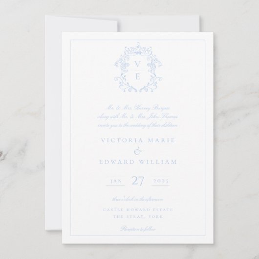 Invitation Mariage de monogramme Sky Blue Crest (Devant)