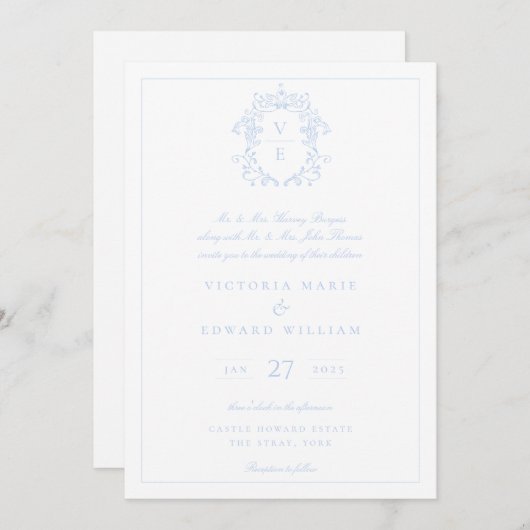 Invitation Mariage de monogramme Sky Blue Crest (Devant / Derrière)