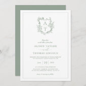 Invitation Mariage de monogramme vert de l'aire de crête offi (Devant / Derrière)