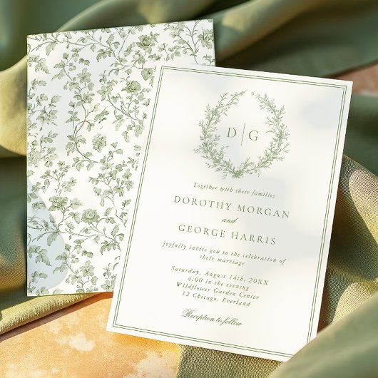 Invitation Mariage de monogramme vert de l'aire de crête offi