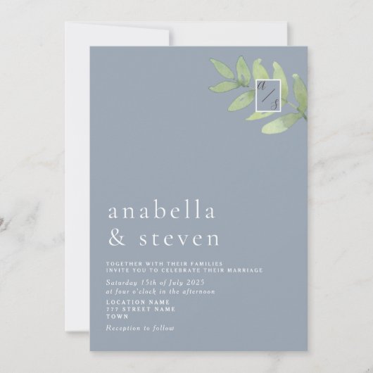 Invitation Mariage de monogramme vert Dusty Blue Sage (Devant)