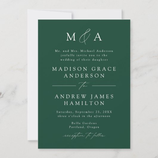 Invitation Mariage de Monogramme Vert Élégant (Devant)