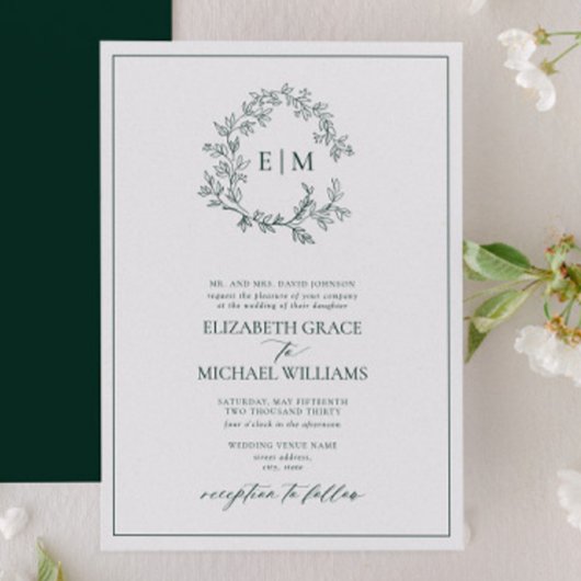 Invitation Mariage de monogramme vert émeraude