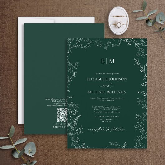 Invitation Mariage de monogramme vert émeraude du code QR