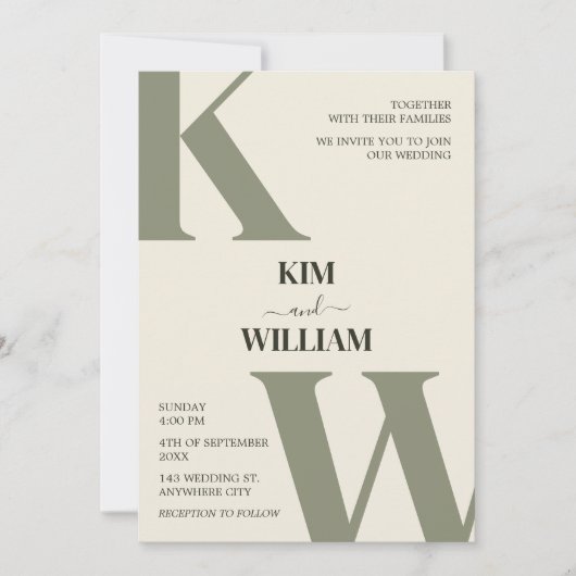 Invitation Mariage de monogramme vert olive (Devant)