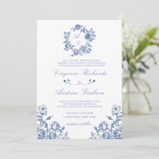 Invitation Mariage de monogramme Vintage bleu (Debout devant)