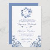 Invitation Mariage de monogramme Vintage bleu (Devant / Derrière)