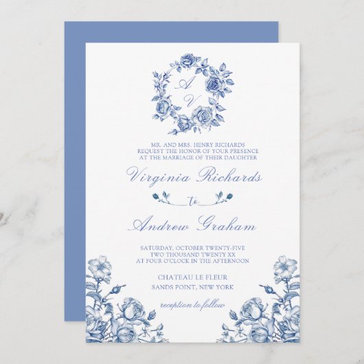 Invitation Mariage de monogramme Vintage bleu (Devant / Derrière)