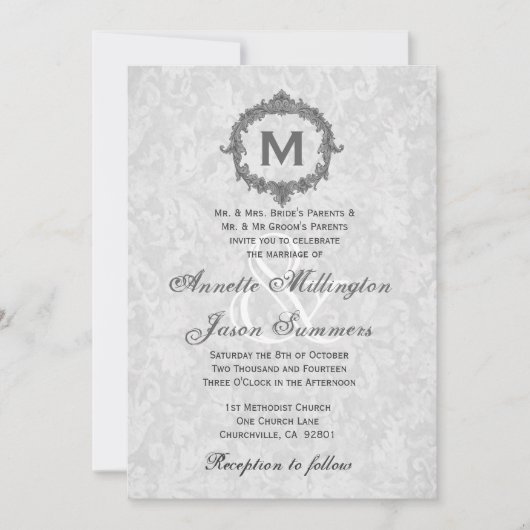 Invitation Mariage de monogramme Vintage gris gris argenté (Devant)