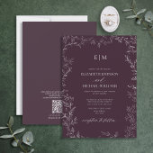 Invitation Mariage de monogramme violet de prune à feuilles é