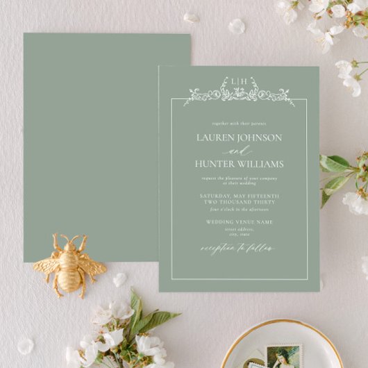 Invitation Mariage de monographie florale verte Sage