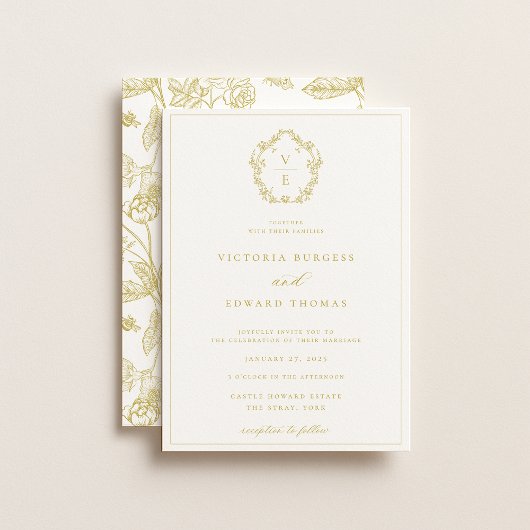 Invitation Mariage de monographie vintage Gold Crest