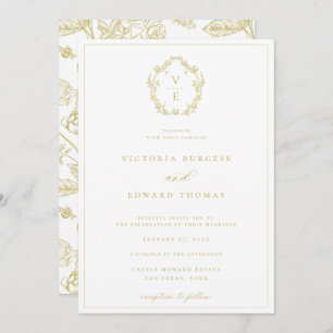 Invitation Mariage de monographie vintage Gold Crest