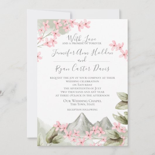 Invitation Mariage de montagne aux fleurs roses (Devant)