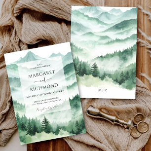 Invitation Mariage de montagne rustique aux pins toujours ver