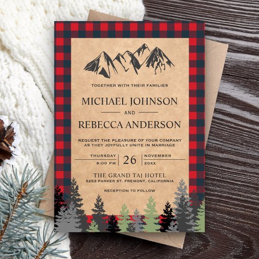 Invitation Mariage de montagne rustique Kraft rouge à carreau