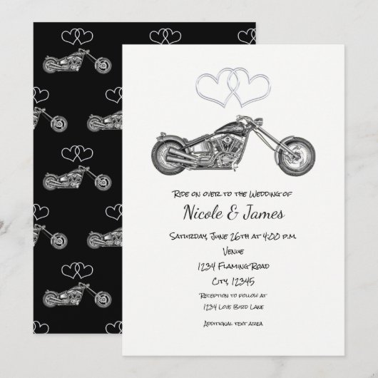 Invitation Mariage de motard aux coeurs noirs et argent (Devant / Derrière)
