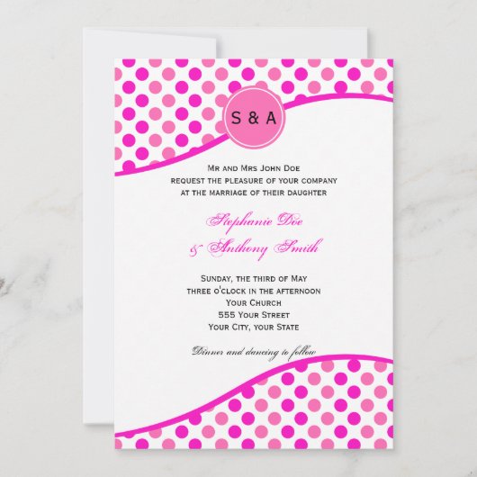 Invitation Mariage de Motif de point de Polka rose Monogramme (Devant)