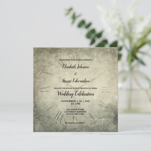 Invitation mariage de motif de script d'horloge rustique Vint (Debout devant)