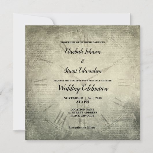 Invitation mariage de motif de script d'horloge rustique Vint (Devant)