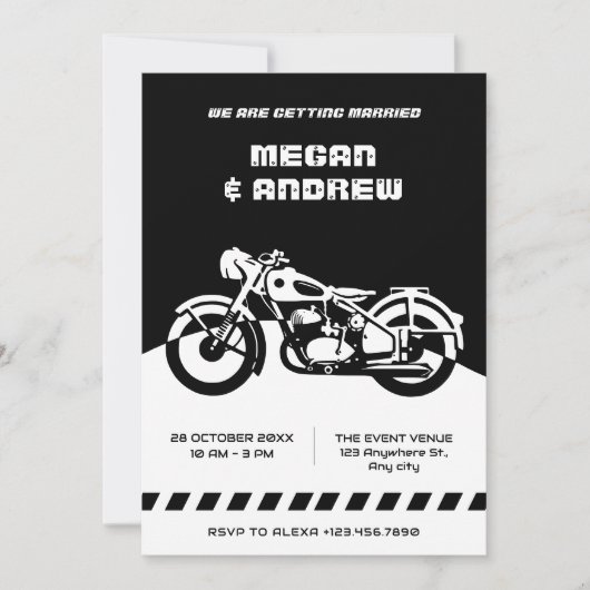 Invitation Mariage de moto classique noir et blanc (Devant)