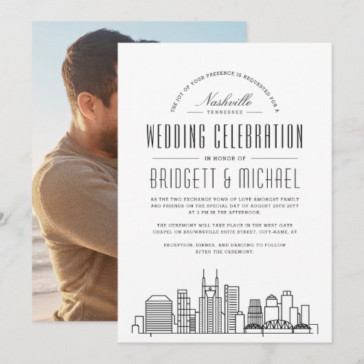 Invitation Mariage de Nashville | Modern Deco City Skyline (Devant / Derrière)