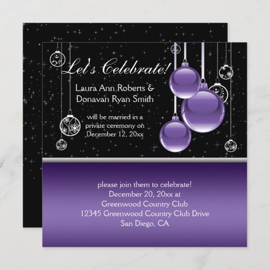 Invitation Mariage de Noël Argent Violet Noir Après-Mariage (Devant / Derrière)