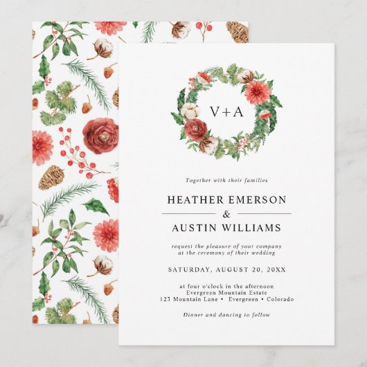 Invitation Mariage de Noël avec feuillage de fêtes (Devant / Derrière)