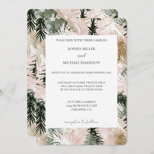 Invitation Mariage de Noël blanc vert rose (Devant / Derrière)