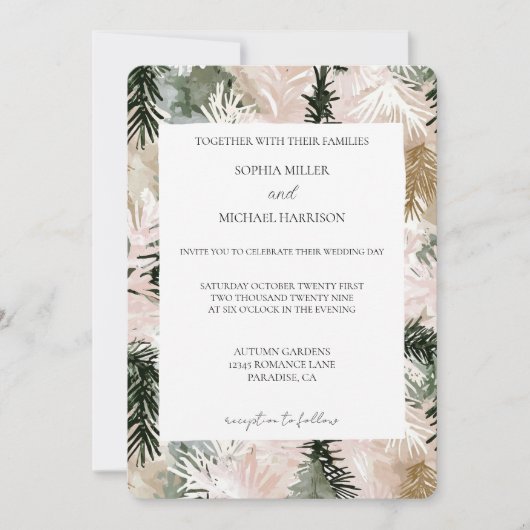 Invitation Mariage de Noël blanc vert rose (Devant)