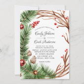Invitation Mariage de Noël de la branche de pin rouge vert (Devant)