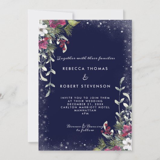 Invitation mariage de Noël des flores d'hiver de la marine (Devant)